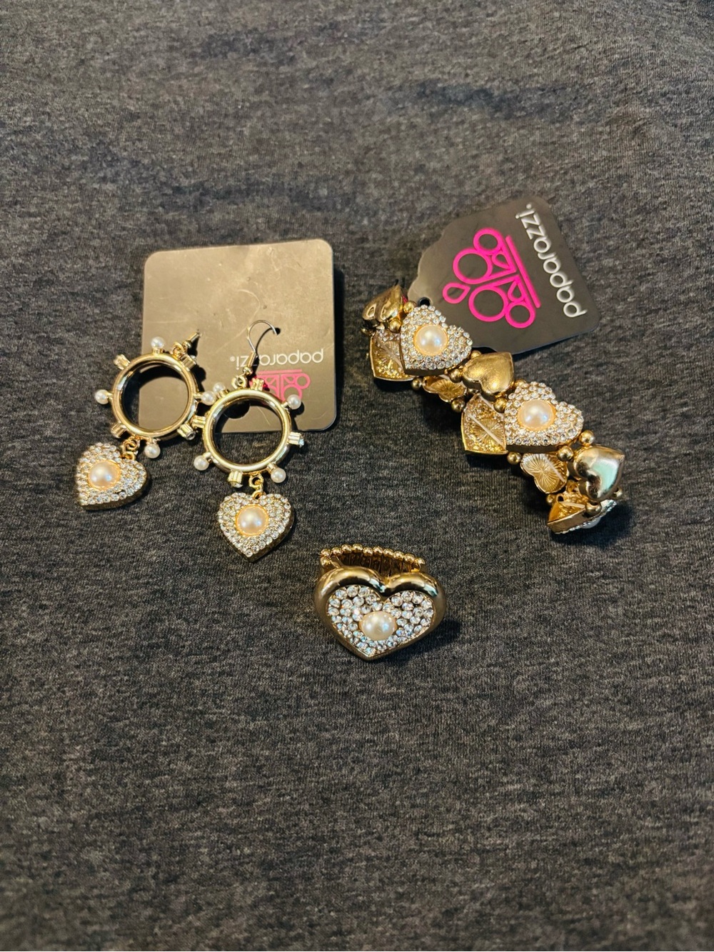 paparazzi Gold Heart Pearl Jewelry Set - Earrings, Bracelet & Ring